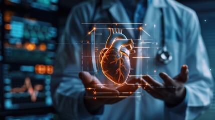 Closeup cardiologist doctor hand touching and examine virtual screen medical technology. Generate AI