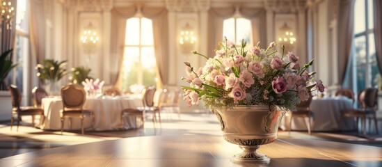 Vase with beautiful flowers on a dining table with luxurious decoration. AI generated image