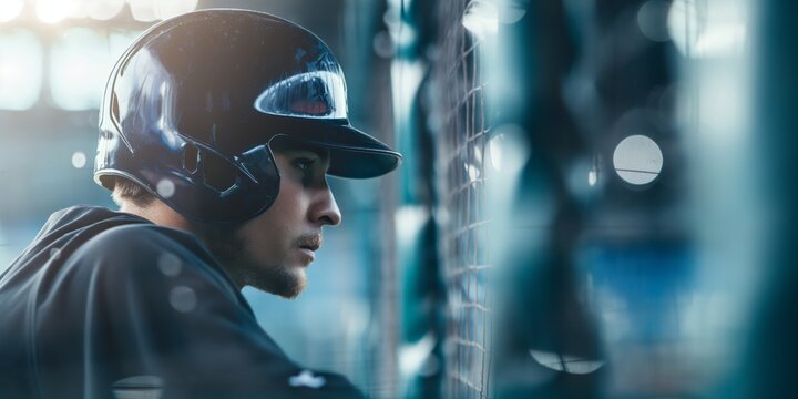 A baseball player anticipating his turn to bat, captured in a moment of focus behind the fence of the dugout