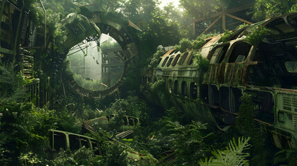 Obraz premium A post-apocalyptic world reclaimed by nature, with remnants of advanced technology peeking through overgrown foliage