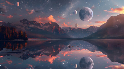 A serene lake reflecting a sky filled with multiple moons