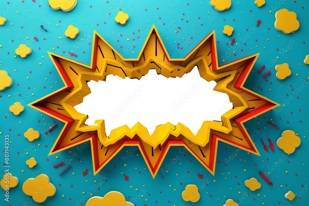 Poster a vibrant comic explosion with confetti on a blue background, creating a festive and dynamic scene