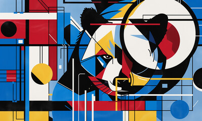 Abstract composition with bear in geometric shapes and lines in blue, red, black, white, yellow colors