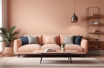 Modern Scandinavian living room interior design, peach colored wall, shelves and decorations.