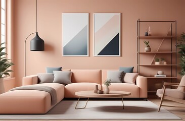 Modern Scandinavian living room interior design, peach colored wall, shelves and decorations.