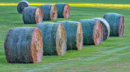 Obraz premium Close up view of large round hay bales in a lush green agricultural field during harvest season