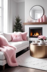 Modern design with fireplace. Comfortable sofa in the room, minimalistic monochrome interior, bright living room in the house