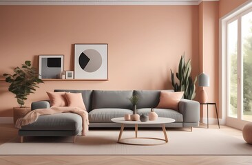 Modern Scandinavian living room interior design, peach colored wall, shelves and decorations.