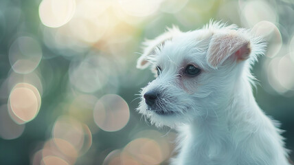 white puppy with bokeh background