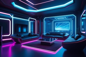 Interior of the future, rooms with technology and luxury style, cyber living room with neon light 