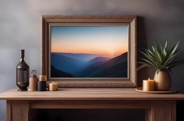 Fototapeta premium Boho interior style against a backdrop of rustic decor and frame