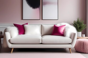 Modern design. Comfortable sofa with cushions in the room, minimalistic monochrome interior, bright living room in the house