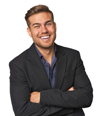 Businessman in suit, studio shot laughing and having fun.