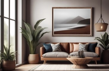 Modern design with a frame on a gray monochrome wall. Comfortable sofa in the room, minimalistic monochrome interior, bright living room in the house