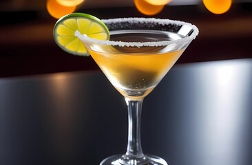 A martini cocktail on a blurry background of a restaurant