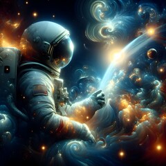 Image of an astronaut in a spaceship with AI images. Concept of human wonder and curiosity in space.