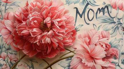 Mom word with peony flower for  Mother's Day Floral Greeting Card