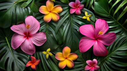 Happy Mother's Day Floral Greeting Card. Vivid tropical hibiscus and plumeria flowers in pink and yellow hues, nestled among lush green palm leaves.