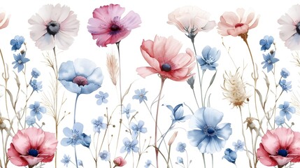 Enchanting Watercolor Floral Pattern with Wild Summer Blooms