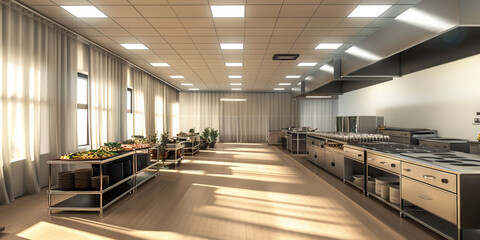Event Catering Preparation Area Floor: Showing a designated area for preparing food for catering events, with catering equipment and staging areas