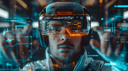 A helmeted person in advanced cybernetic gear, standing in a tech-enhanced facility with futuristic elements