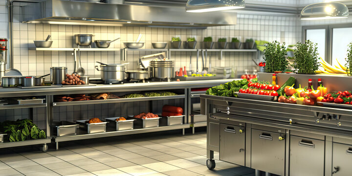 Event Catering Preparation Area Floor: Showing a designated area for preparing food for catering events, with catering equipment and staging areas