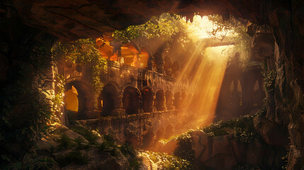An underground city illuminated by artificial sunlight filtering through crevices in the earth