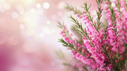 Beautiful pink heath flowers of erica plant on blur background. Generated AI image - obrazy, fototapety, plakaty