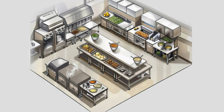 Event Catering Preparation Area Floor: Showing a designated area for preparing food for catering events, with catering equipment and staging areas