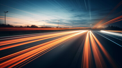 Obraz premium Blurry streaks of red taillights trace the path ahead on a dark highway at night.