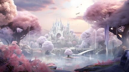 Digital painting of a cityscape and a river with cherry blossoms