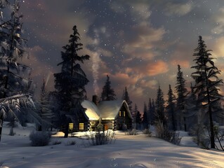Cozy Cabin in Snowy Wonderland under Starry Sky