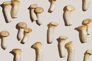Pleurotus eryngii white mushrooms, edible fungus in minimal style composition on beige background,...