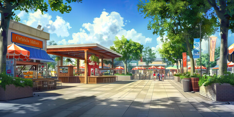 Outdoor Dining Service Area Floor: Displaying a designated area for serving food to customers dining outdoors, with service stations and outdoor food counters