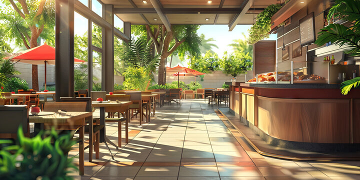 Outdoor Dining Service Area Floor: Displaying a designated area for serving food to customers dining outdoors, with service stations and outdoor food counters