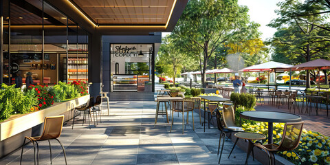 Outdoor Dining Service Area Floor: Displaying a designated area for serving food to customers dining outdoors, with service stations and outdoor food counters