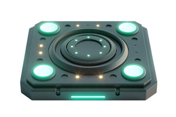 Fototapeta premium A square with a green circle in the middle and four green circles around it, science fiction, isolate on white background.