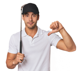 Young Hispanic man with golf club showing a dislike gesture, thumbs down. Disagreement concept.
