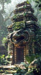 Obraz premium Illustration of a mythological basilisk guarding a secret temple entrance, intricate stone carvings and dense jungle backdrop, paper art