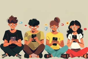Smartphone and social media addiction concept, A group of young people engrossed in their phones