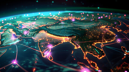 A digital map of Asia and the Middle East, highlighted with vibrant glowing connections and network lines, representing futuristic global technology and communication