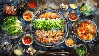 Samgyeopsal meal viewed from above, featuring grilled slices, fresh lettuce wraps, garlic, and spicy sauces, Korean dining experience, water color illustration