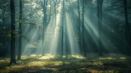 Obraz premium The sun is shining through the trees, casting a warm glow on the forest floor. The light is creating a peaceful and serene atmosphere, inviting one to take a moment to appreciate the beauty of nature