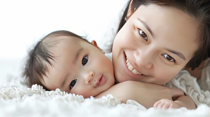 Portrait a happy family of Asian mother with her baby lying on bed, white background. Generated AI