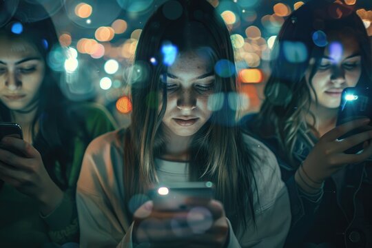 Smartphone and social media addiction, A group of people engrossed in their phones, Nomophobia