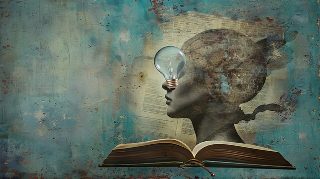 The head is holding an open book and a light bulb as a metaphor for new ideas. This is an art collage...