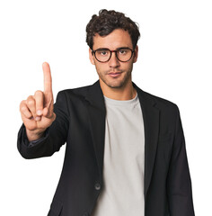 Young Hispanic businessman showing number one with finger.