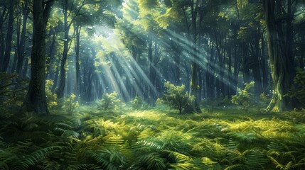 Obraz premium A forest with sunlight shining through the trees. The light is bright and warm, creating a peaceful and serene atmosphere