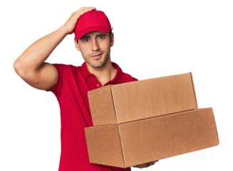 Young Hispanic delivery man with boxes being shocked, she has remembered important meeting.