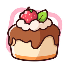 Cute and delicious chocolate cake cartoons with strawberry on top, Cartoon digital art illustration, Isolated on white
